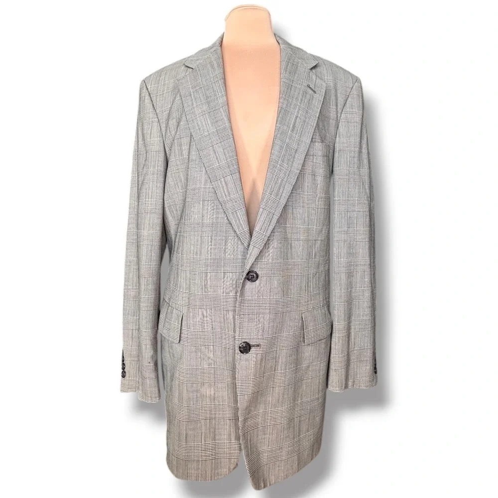Vintage Woolmark Pure Wool Glen Plaid Blazer Jacket Grey Men 46L 23x34 Preppy